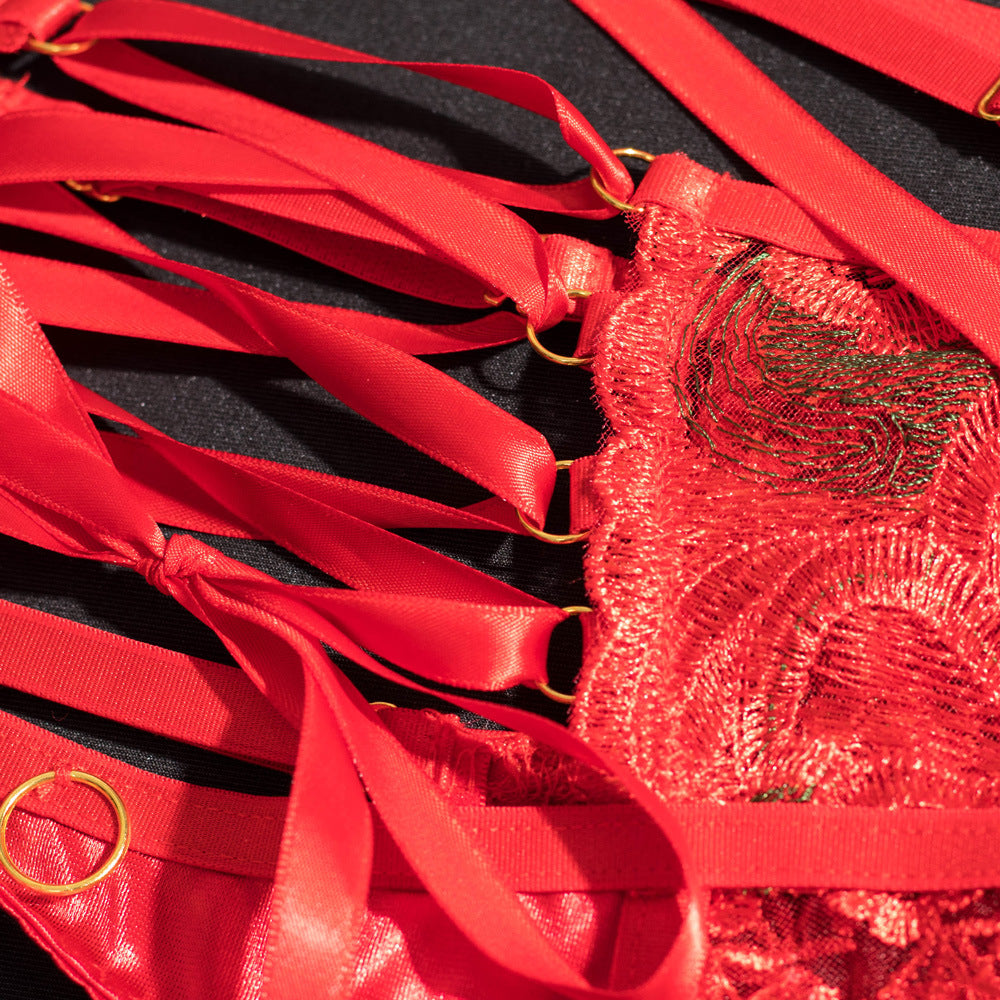 Christmas Sheer Mesh 3-Piece Bra Set with Embroidered Flowers - Wholesale Lingerie Belt Details
