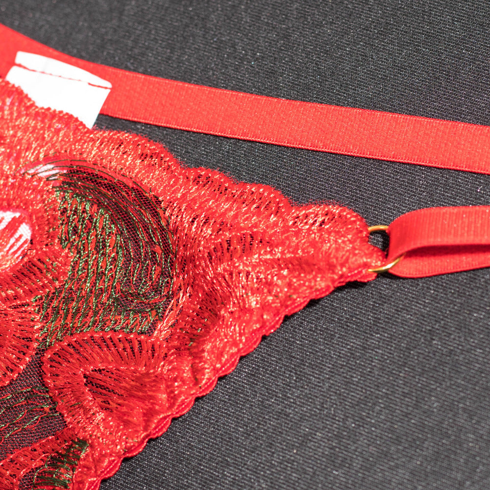 Christmas Sheer Mesh 3-Piece Bra Set with Embroidered Flowers - Wholesale Lingerie Panty Details