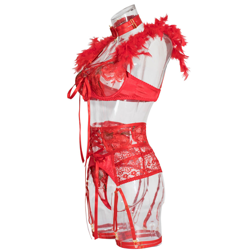 Christmas Sheer Mesh 3-Piece Bra Set with Embroidered Flowers - Wholesale Lingerie Side View