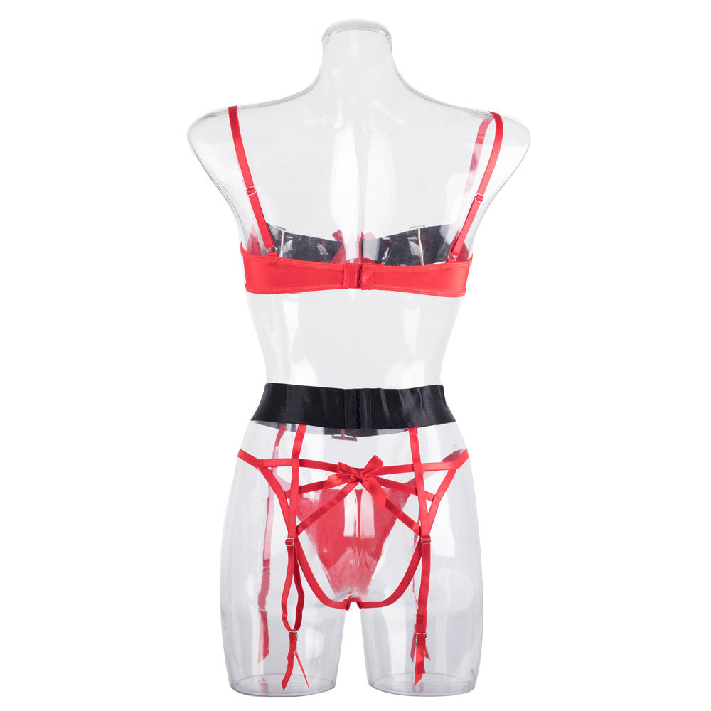 Stunning Christmas Cutout Bra Set with Bows and Wide Belt Back Details