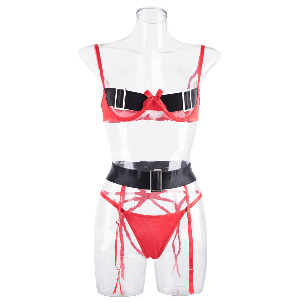 Stunning Christmas Cutout Bra Set with Bows and Wide Belt Front Details