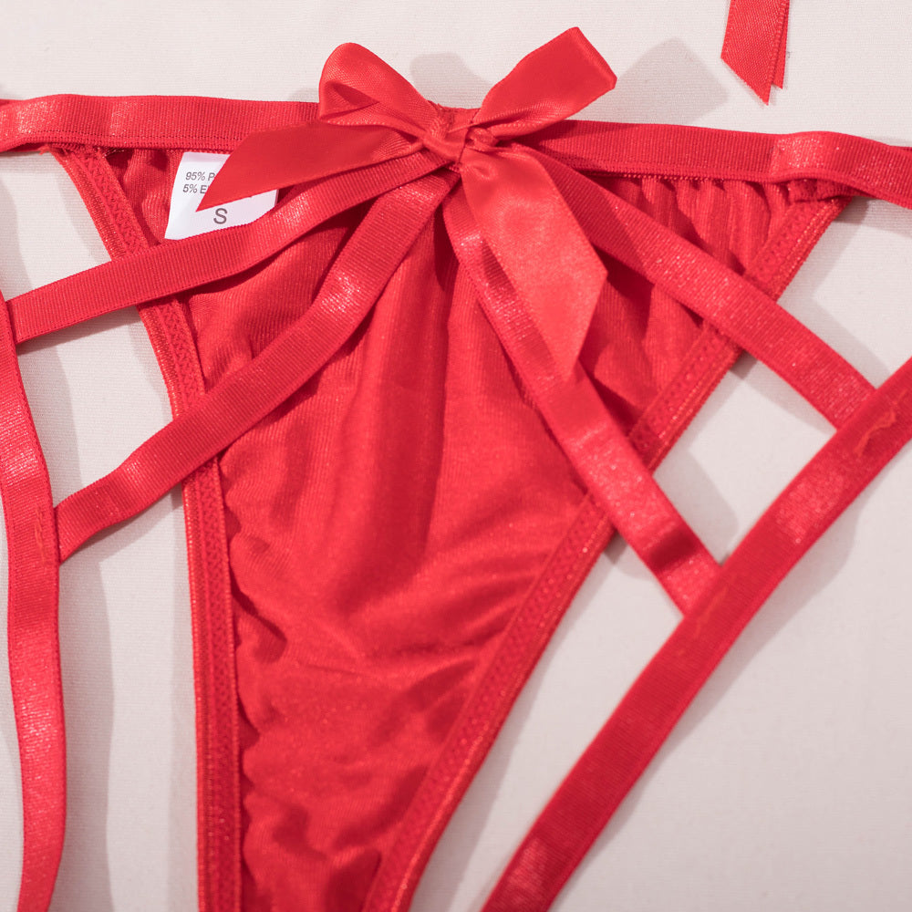 Stunning Christmas Cutout Bra Set with Bows and Wide Belt Underwear Details