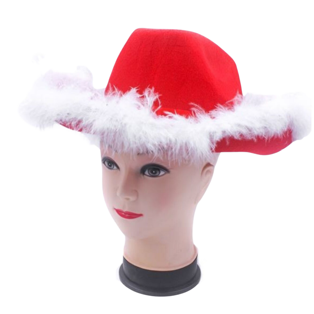 NNEDSZ CHRISTMAS HAT Wide Brim Santa Xmas Party Costume Cowboy Fedora Red Fur Cap