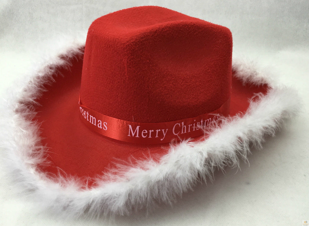 NNEDSZ CHRISTMAS HAT Wide Brim Santa Xmas Party Costume Cowboy Fedora Red Fur Cap