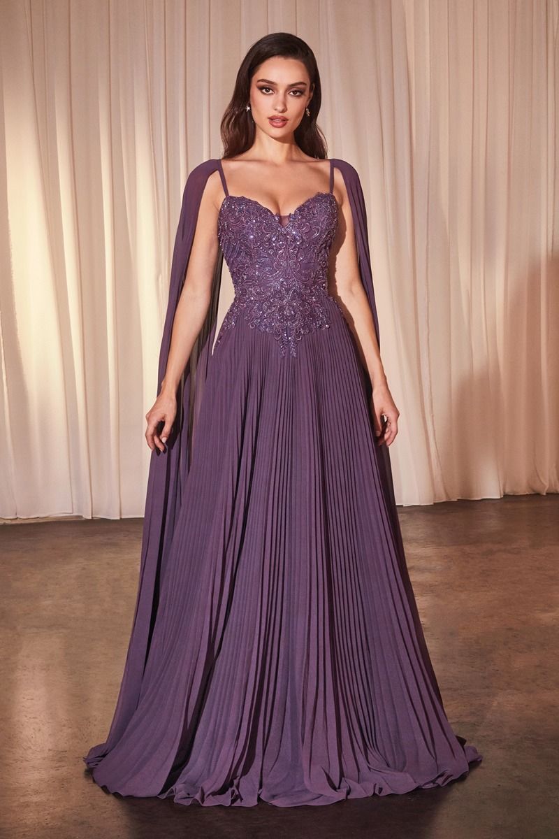 Pleated A-Line Gown With Cape Sleeves