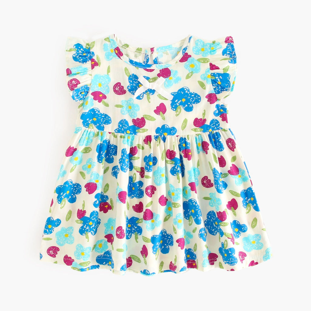 Summer Design Baby Girls Oil Painting Style Floral Print Fly Sleeves Crew Neck Dress-4