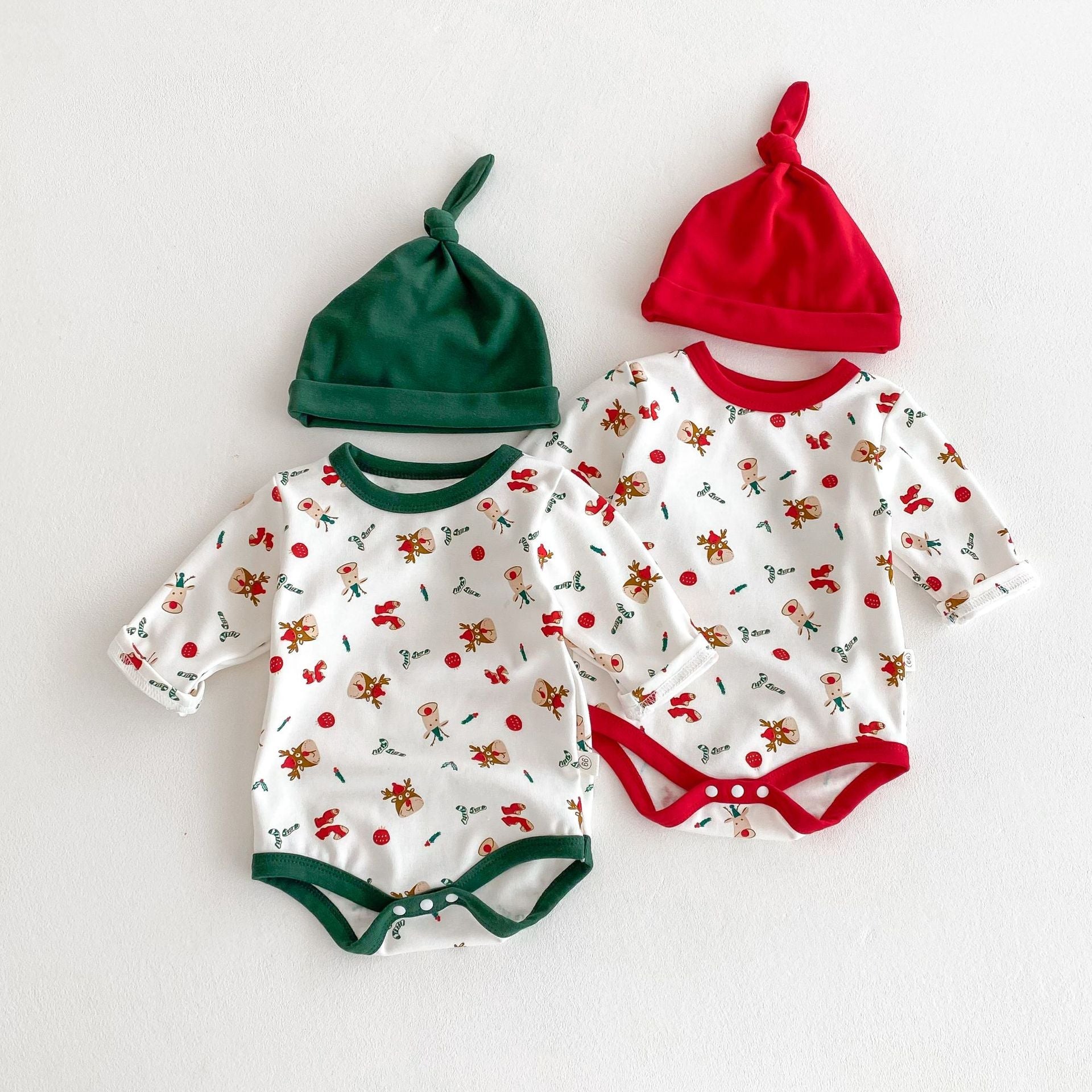 Autumn Arrival Baby Unisex Long Sleeves Christmas Cartoon Onesies with Hat and Plain Pants-3