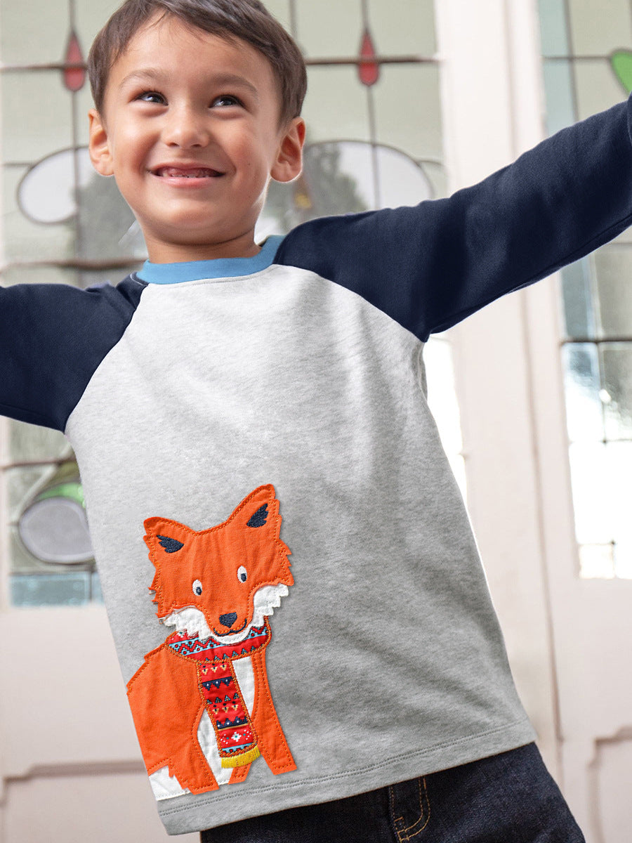 Arrival Autumn Kids’ Fox Cartoon Pattern Appliqué Embroidery Long Sleeves T-Shirt In European And American Style-2