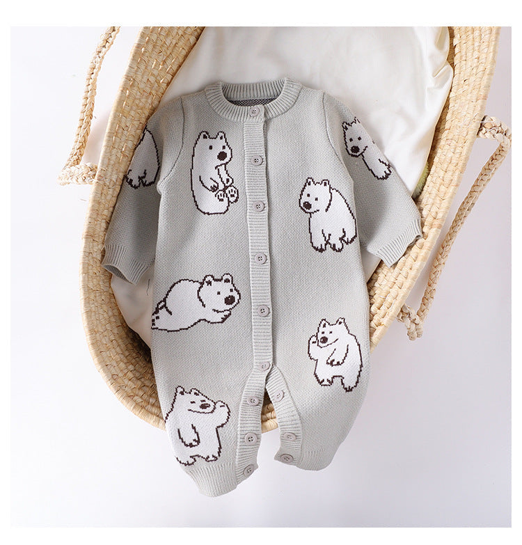 Autumn and Winter Arrival Baby Unisex Simple Polar Bear Pattern Long Sleeves Knitted Rompers-1