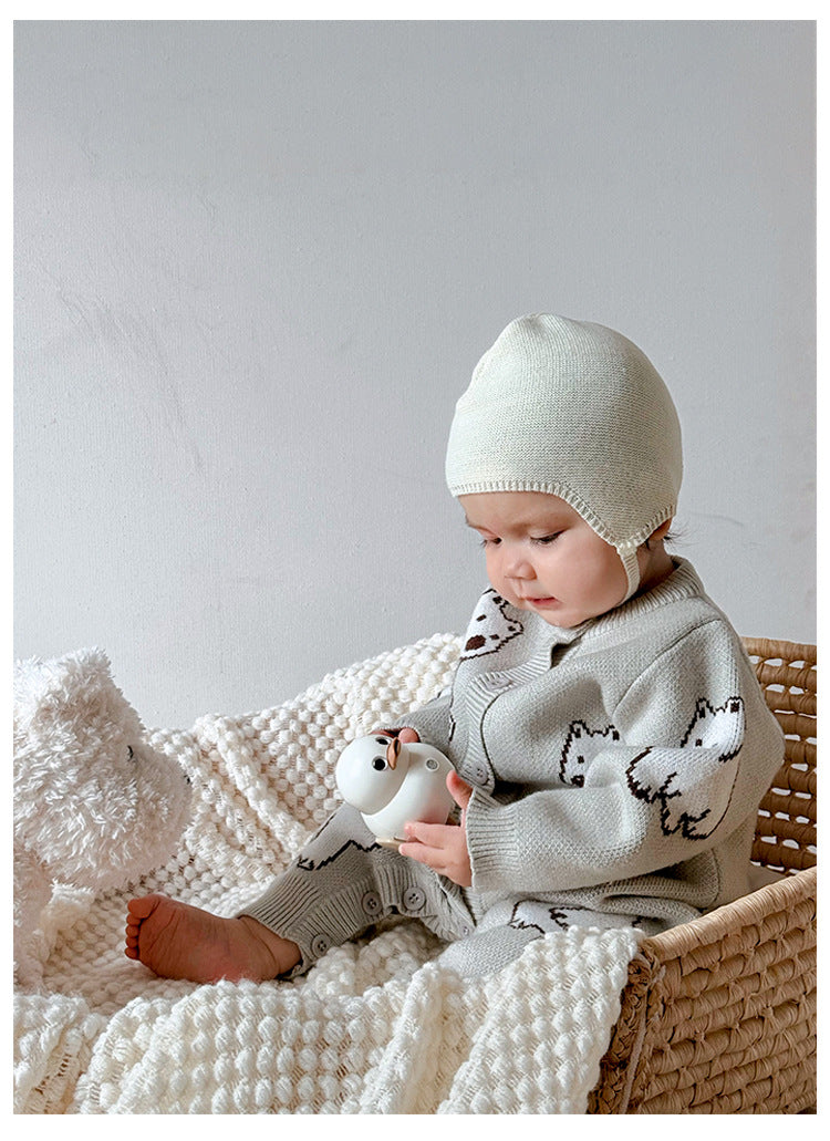 Autumn and Winter Arrival Baby Unisex Simple Polar Bear Pattern Long Sleeves Knitted Rompers-2