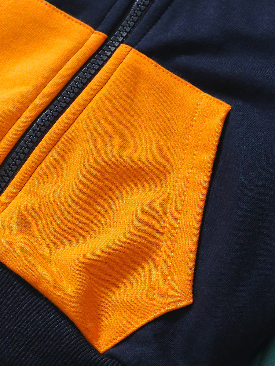High Quality Spring And Autumn Boys Color Patchwork Long Sleeves Top Pullover Hoodie And Pants Clothing Set-3