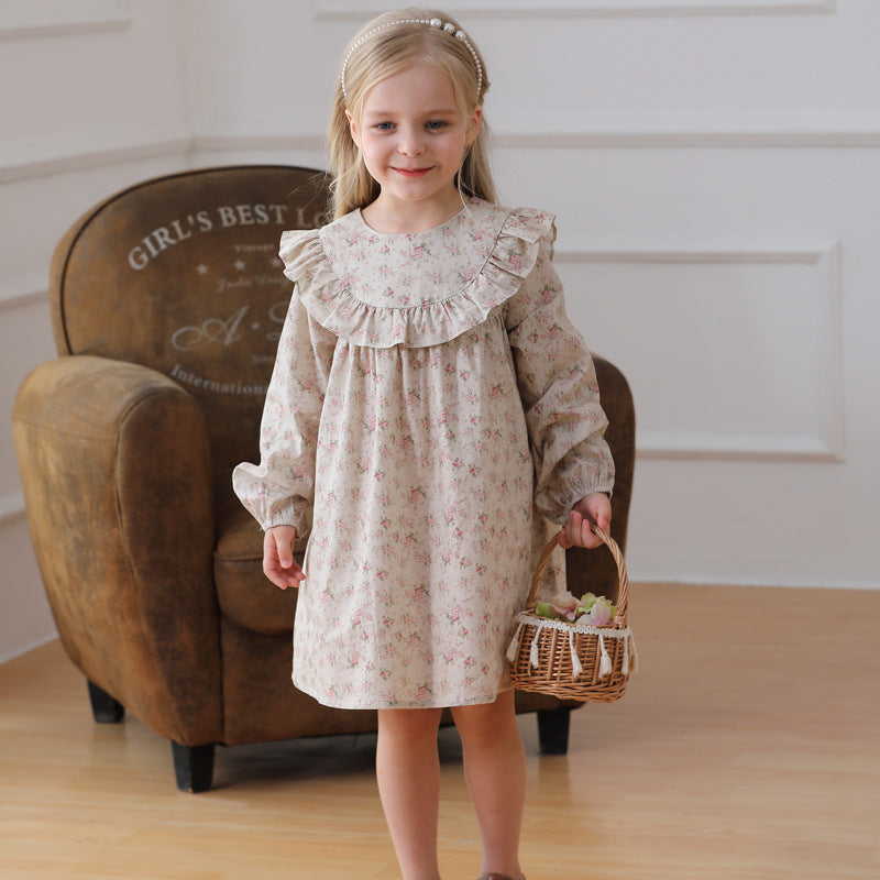 Arrival Autumn Girls Cute Flowers Print Crew Neck Long Sleeves Stylish Dress-2