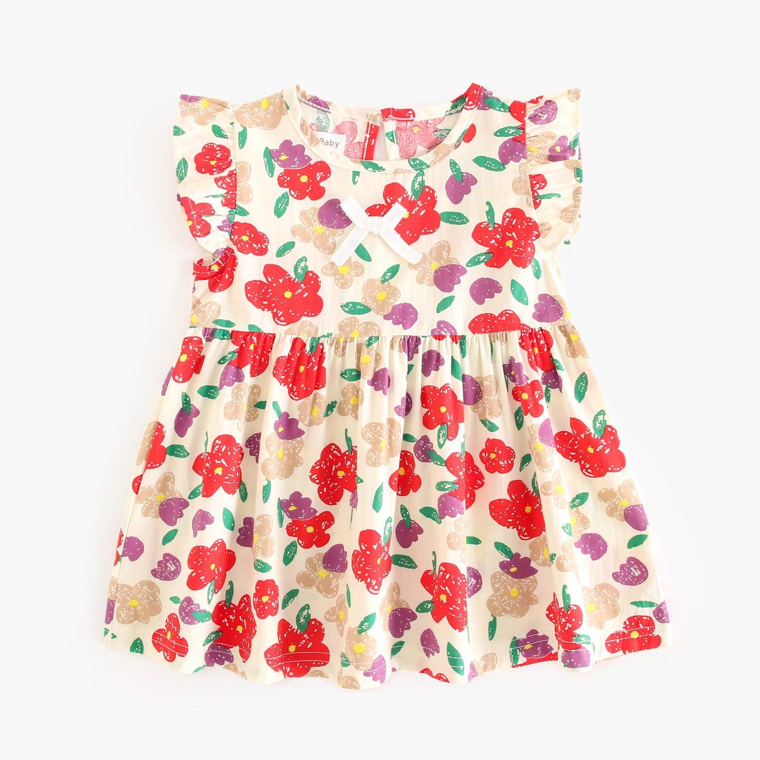 Summer Design Baby Girls Oil Painting Style Floral Print Fly Sleeves Crew Neck Dress-2