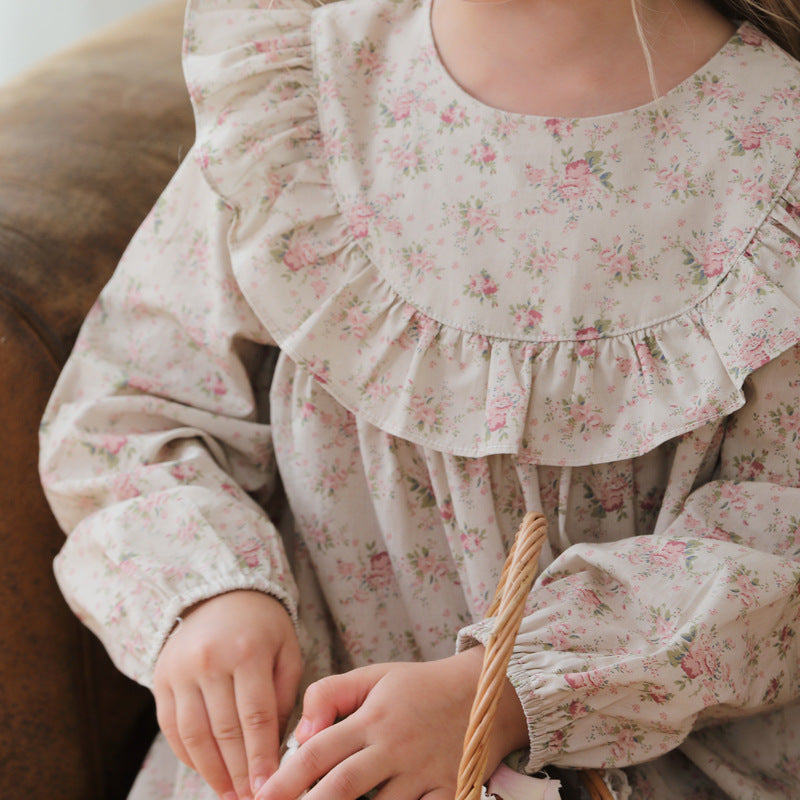 Arrival Autumn Girls Cute Flowers Print Crew Neck Long Sleeves Stylish Dress-3