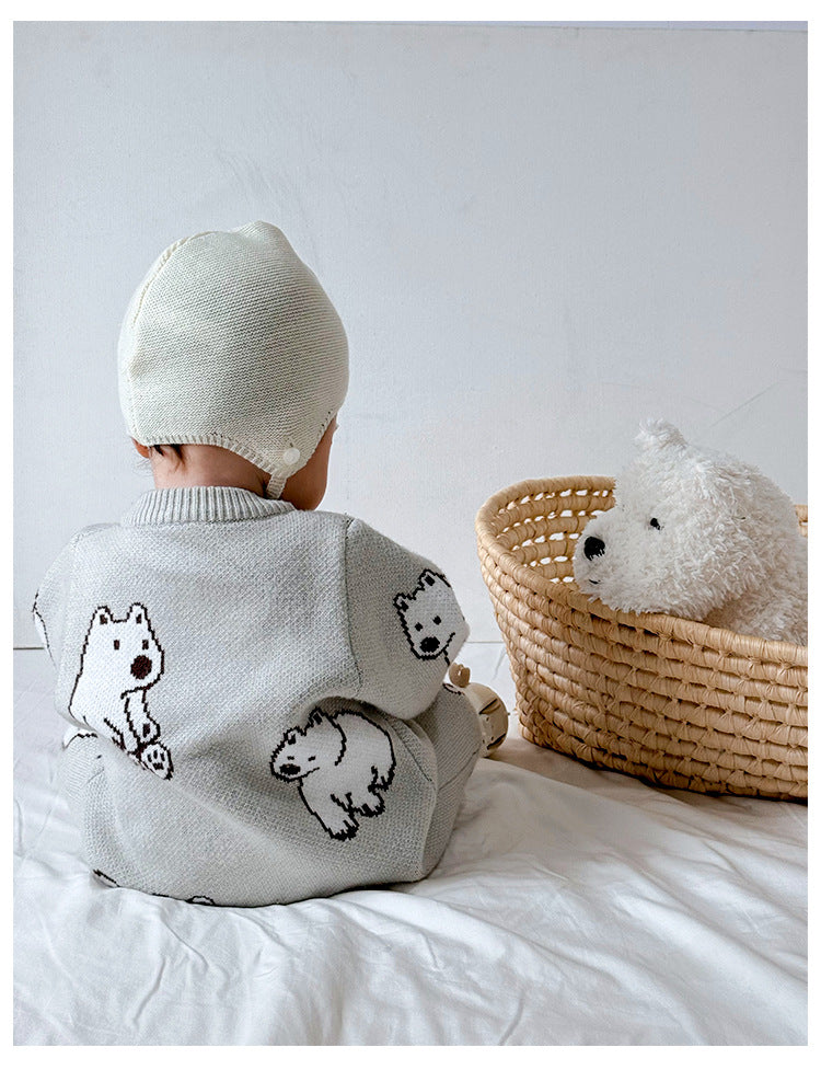 Autumn and Winter Arrival Baby Unisex Simple Polar Bear Pattern Long Sleeves Knitted Rompers-3