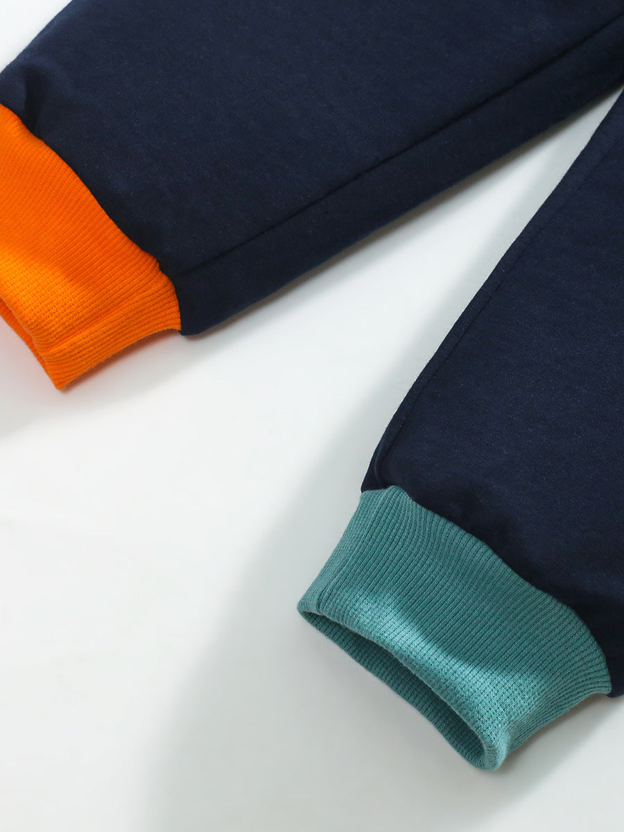 High Quality Spring And Autumn Boys Color Patchwork Long Sleeves Top Pullover Hoodie And Pants Clothing Set-4