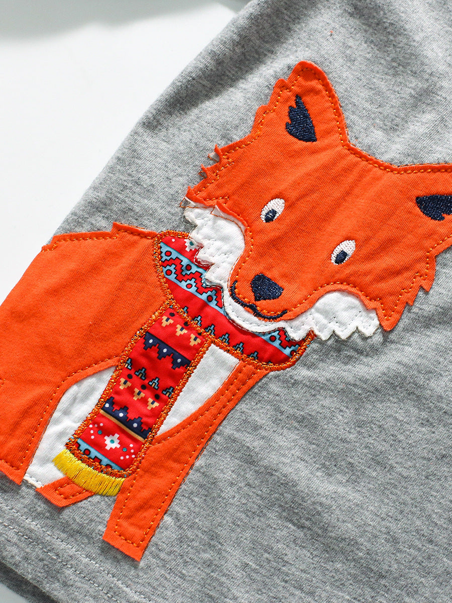 Arrival Autumn Kids’ Fox Cartoon Pattern Appliqué Embroidery Long Sleeves T-Shirt In European And American Style-4