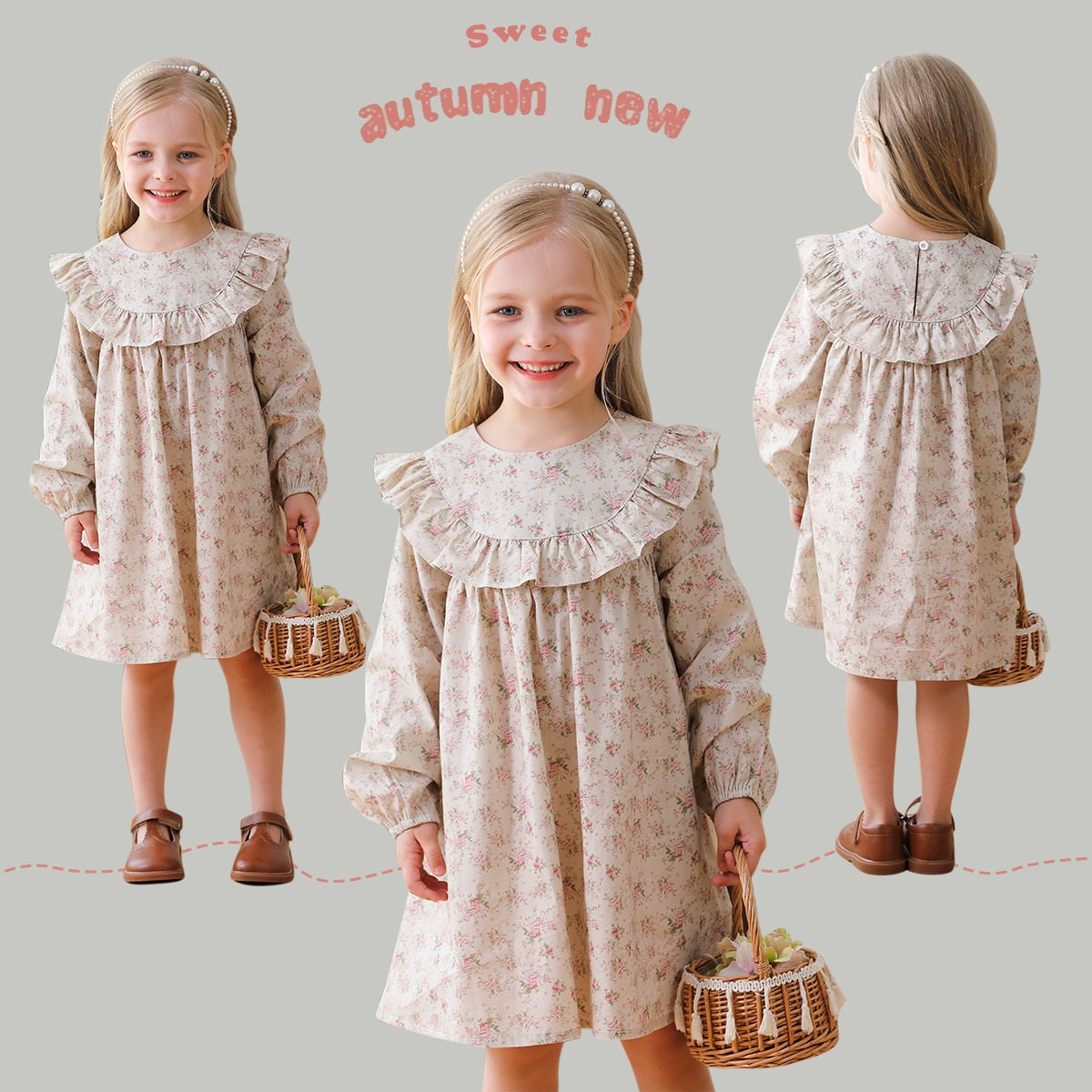 Arrival Autumn Girls Cute Flowers Print Crew Neck Long Sleeves Stylish Dress-0