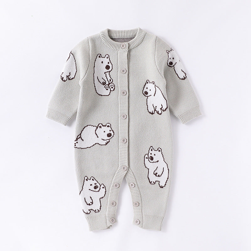 Autumn and Winter Arrival Baby Unisex Simple Polar Bear Pattern Long Sleeves Knitted Rompers-4