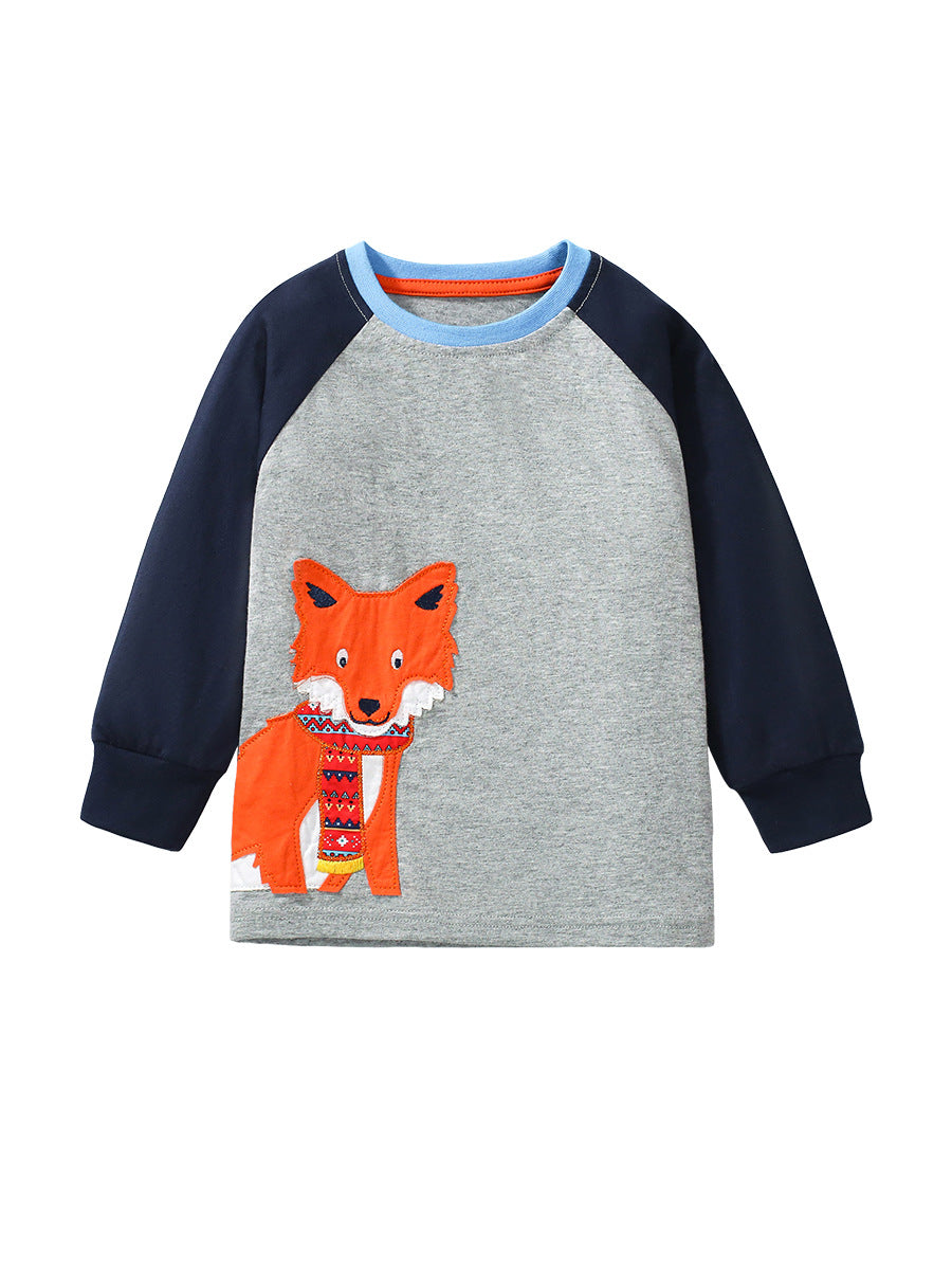 Arrival Autumn Kids’ Fox Cartoon Pattern Appliqué Embroidery Long Sleeves T-Shirt In European And American Style-0