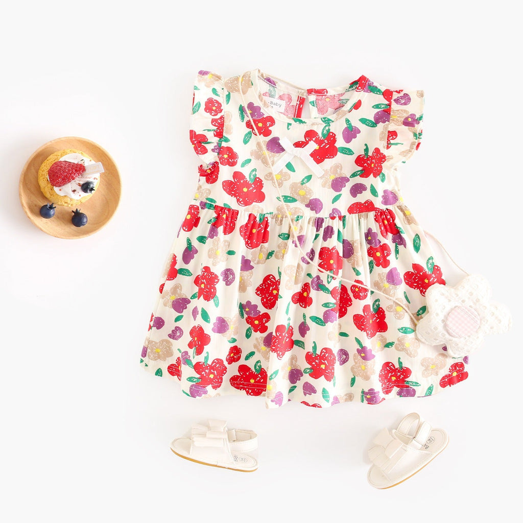Summer Design Baby Girls Oil Painting Style Floral Print Fly Sleeves Crew Neck Dress-3
