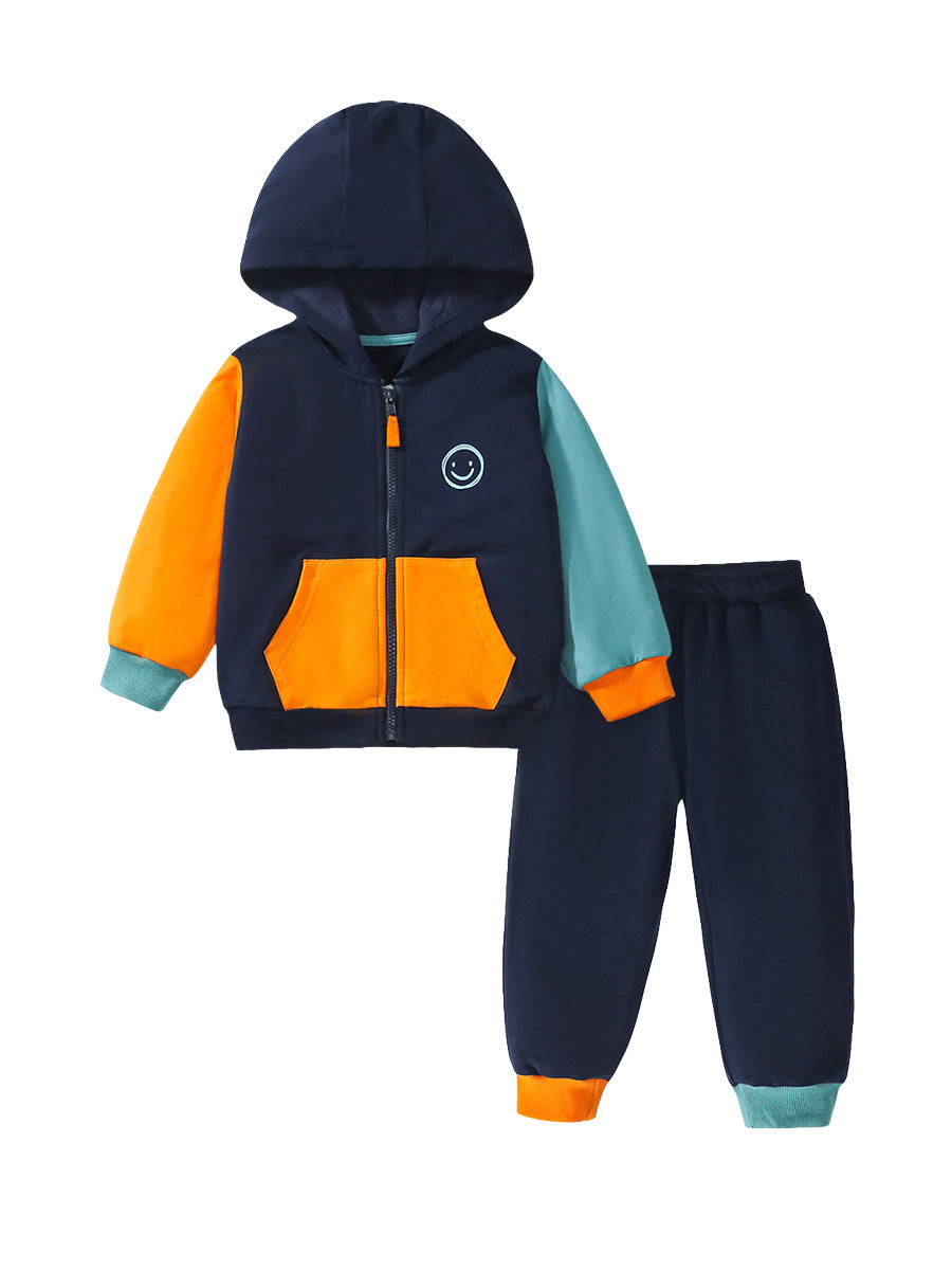 High Quality Spring And Autumn Boys Color Patchwork Long Sleeves Top Pullover Hoodie And Pants Clothing Set-0