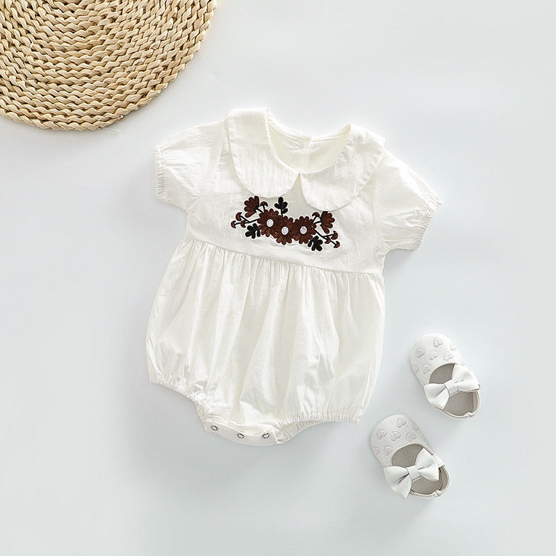 Baby Girl Floral Embroidered Pattern Doll Neck Solid Color Onesies-3