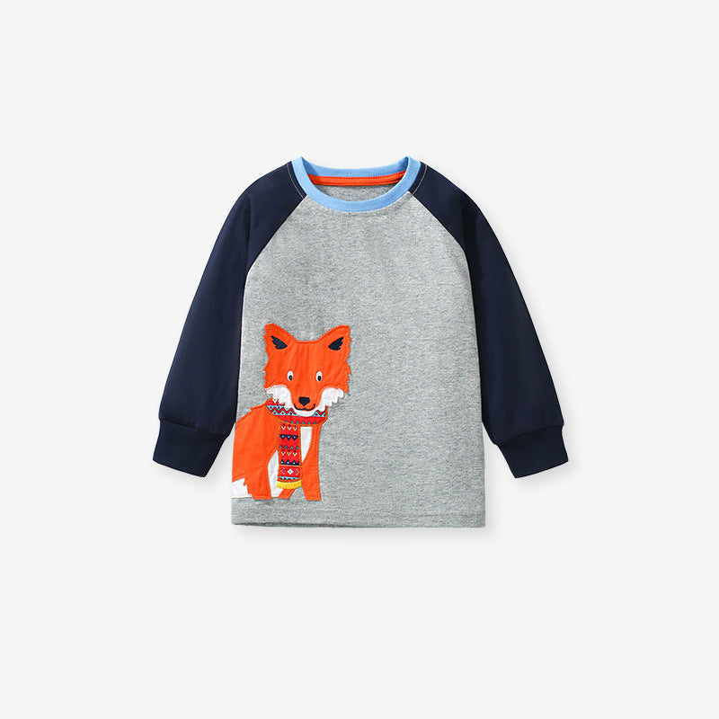 Arrival Autumn Kids’ Fox Cartoon Pattern Appliqué Embroidery Long Sleeves T-Shirt In European And American Style-1