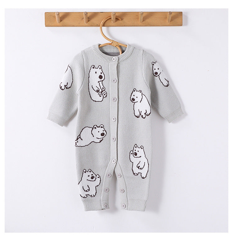 Autumn and Winter Arrival Baby Unisex Simple Polar Bear Pattern Long Sleeves Knitted Rompers-0