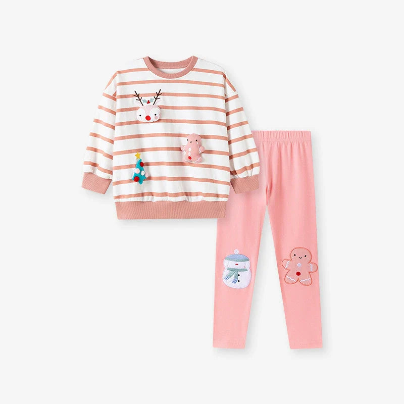 Spring and Autumn Girls Christmas Cartoon Pattern Long Sleeves Crew Neck Top Sweatshirt and Pants Clothing Set-0